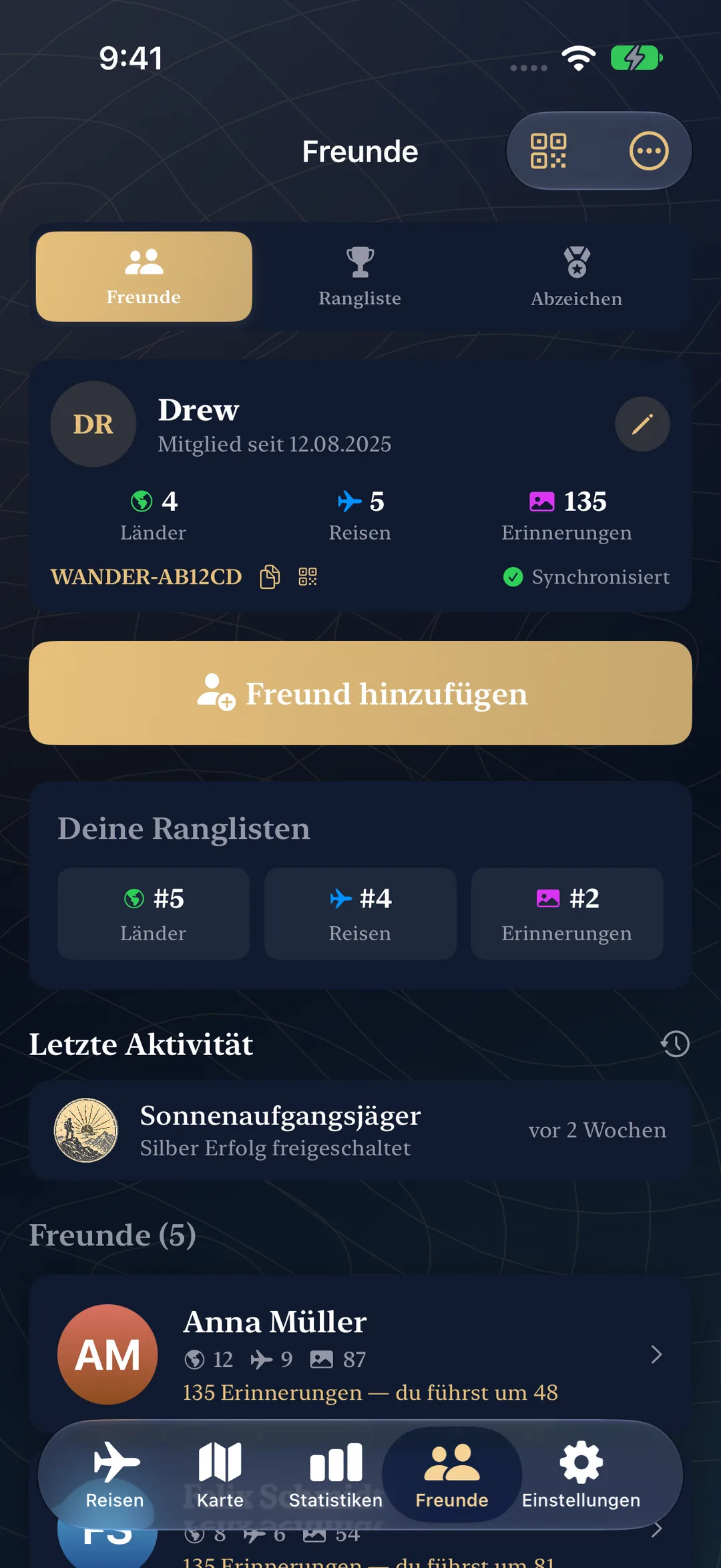 Freundesprofil mit Ranglisten, aktuellen Erfolgsaktivitäten und verbundenen Reisenden