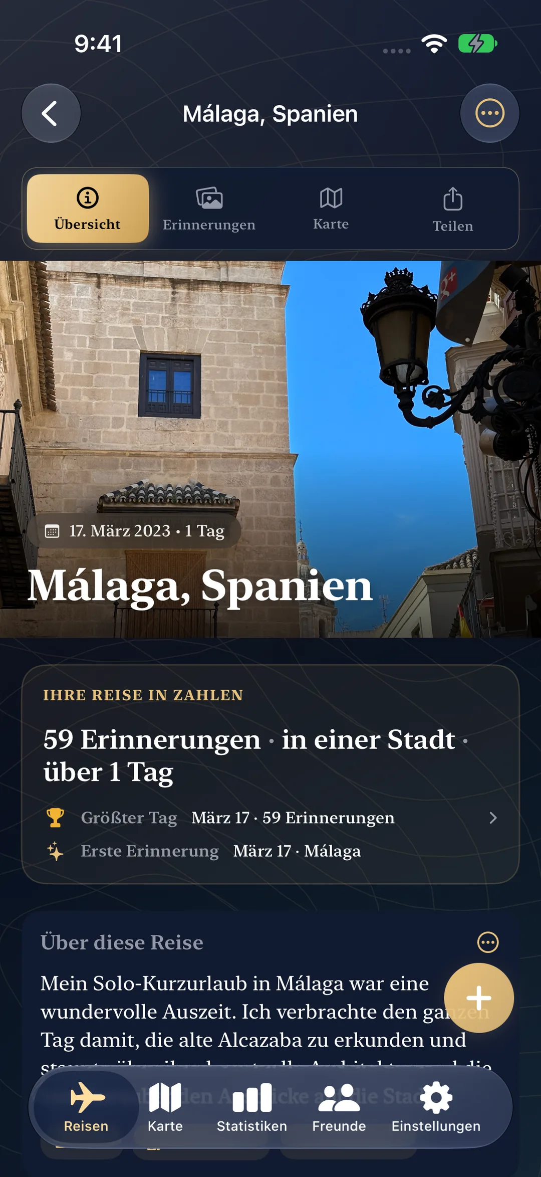 Reiseübersicht für Málaga, Spanien mit 59 Erinnerungen in einer Stadt, mit Heldenfoto und Zusammenfassung von „Trip in Numbers“.