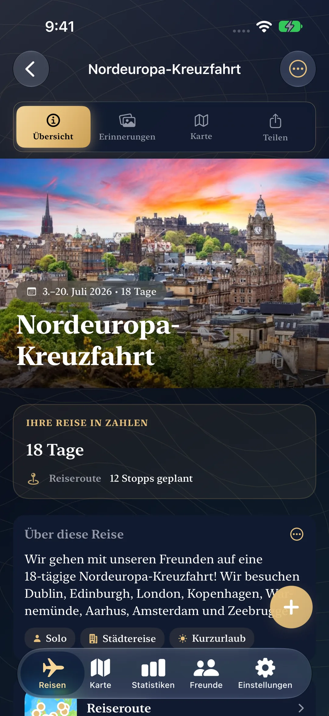 Eine bevorstehende Nordeuropa-Kreuzfahrt mit Reisedaten, 18 Tagen und 12 geplanten Stopps