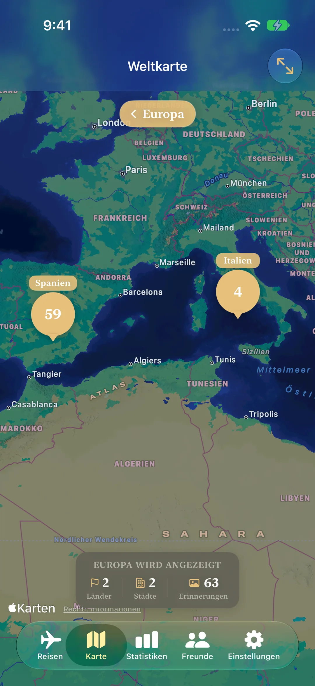 Die Weltkarte ist bis nach Europa aufgeschlüsselt und zeigt 59 Erinnerungen in Spanien und 4 in Italien mit Länder- und Städtezählung