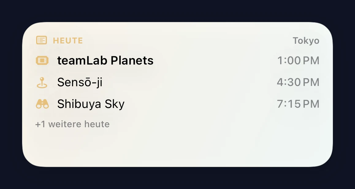 Mittleres Widget „Plan für heute“ mit den heutigen Plänen und ihren Uhrzeiten