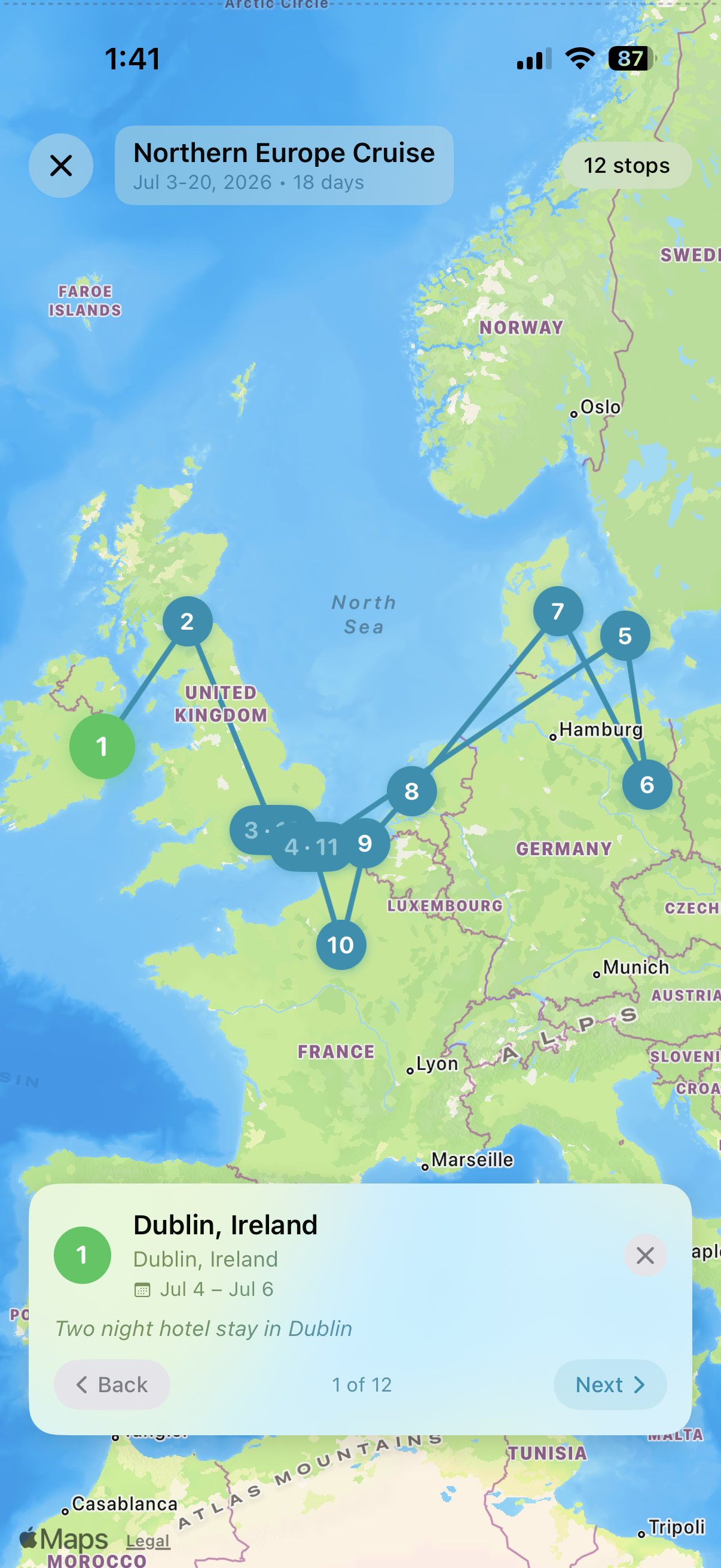 Itinerary Map screen