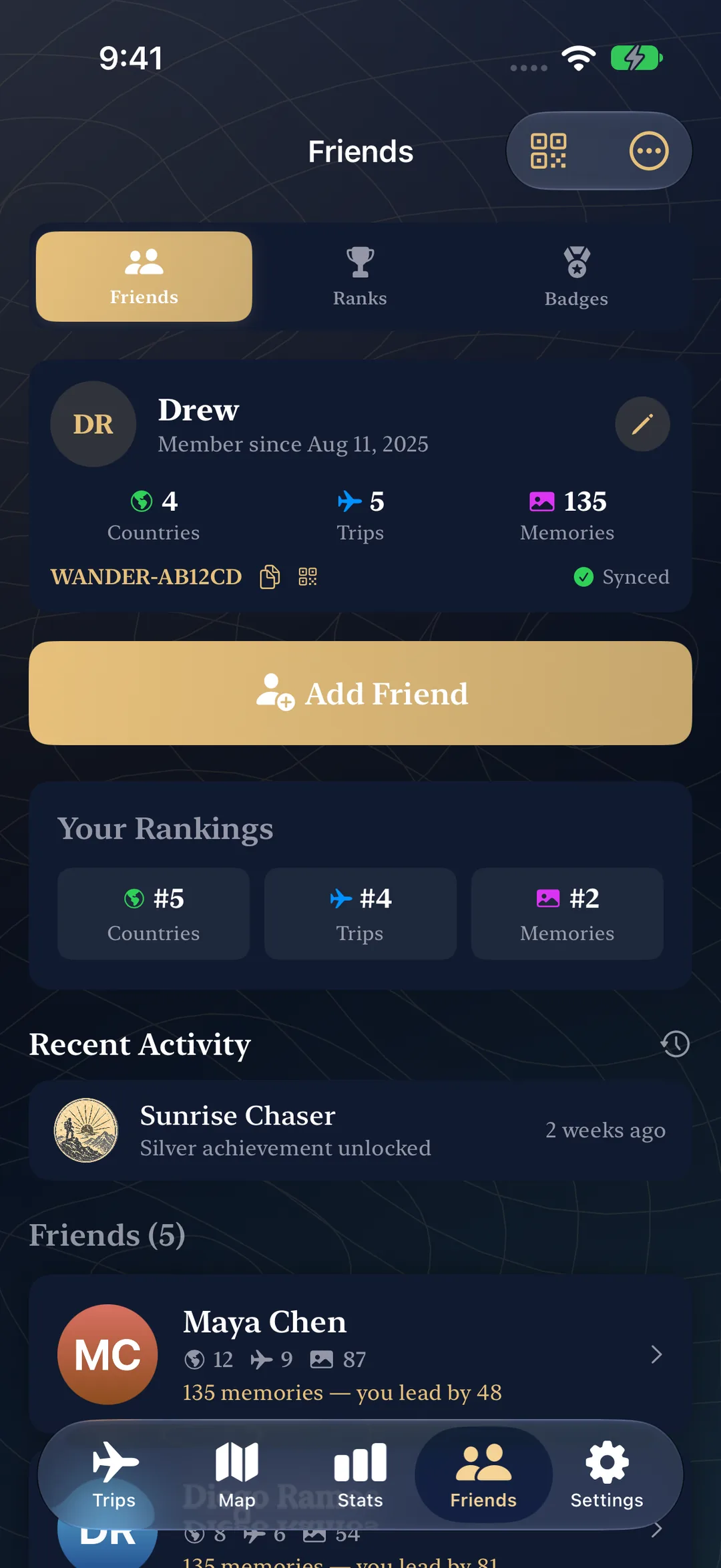 Friends profile with rankings, recent achievement activity, and connected travelers