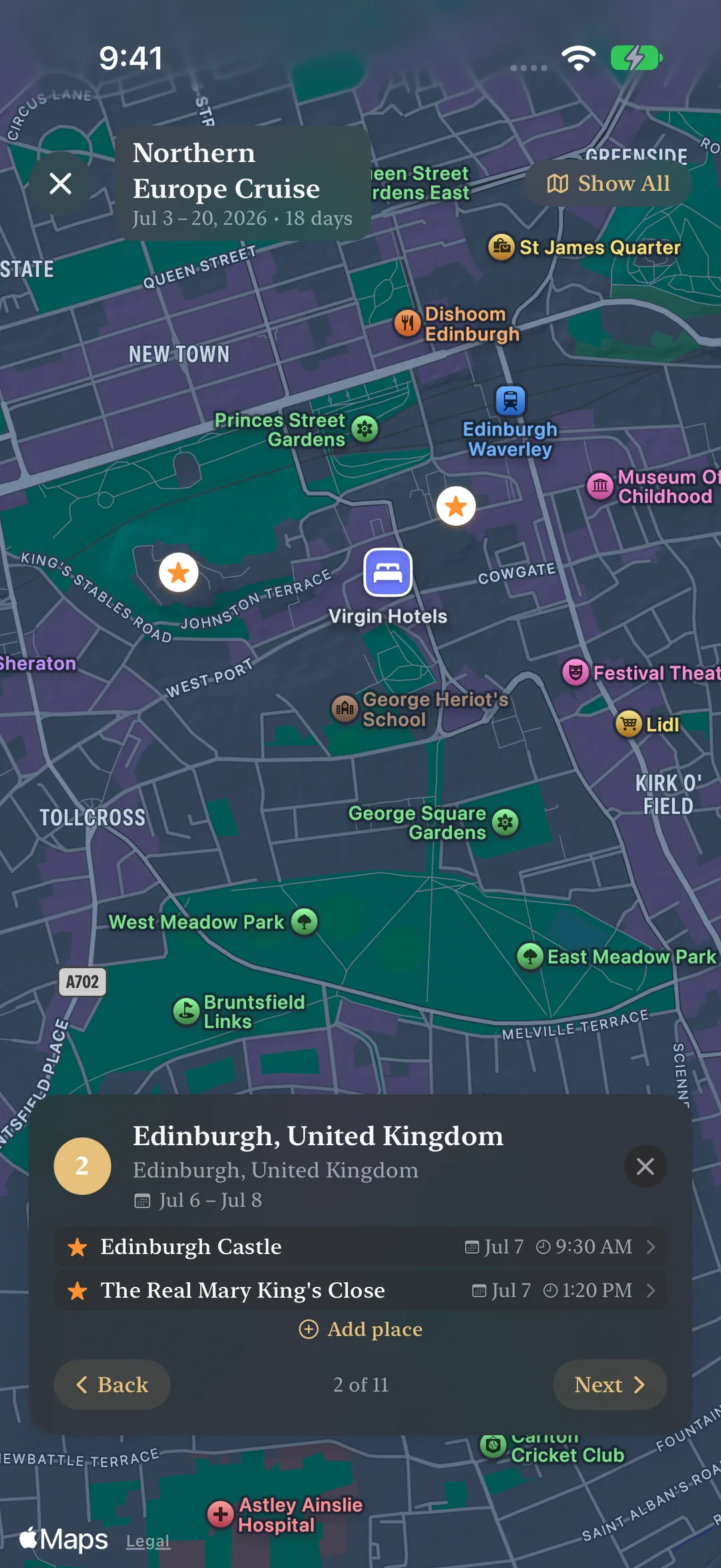 Itinerary map zoomed to Edinburgh with the stop&rsquo;s places listed and Next and Back buttons