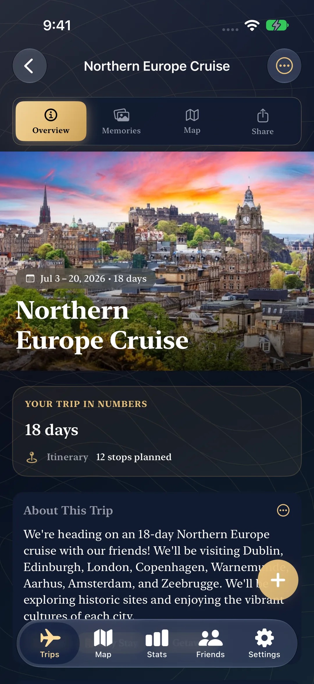 An upcoming Northern Europe Cruise with its dates, 18 days, and 12 stops planned