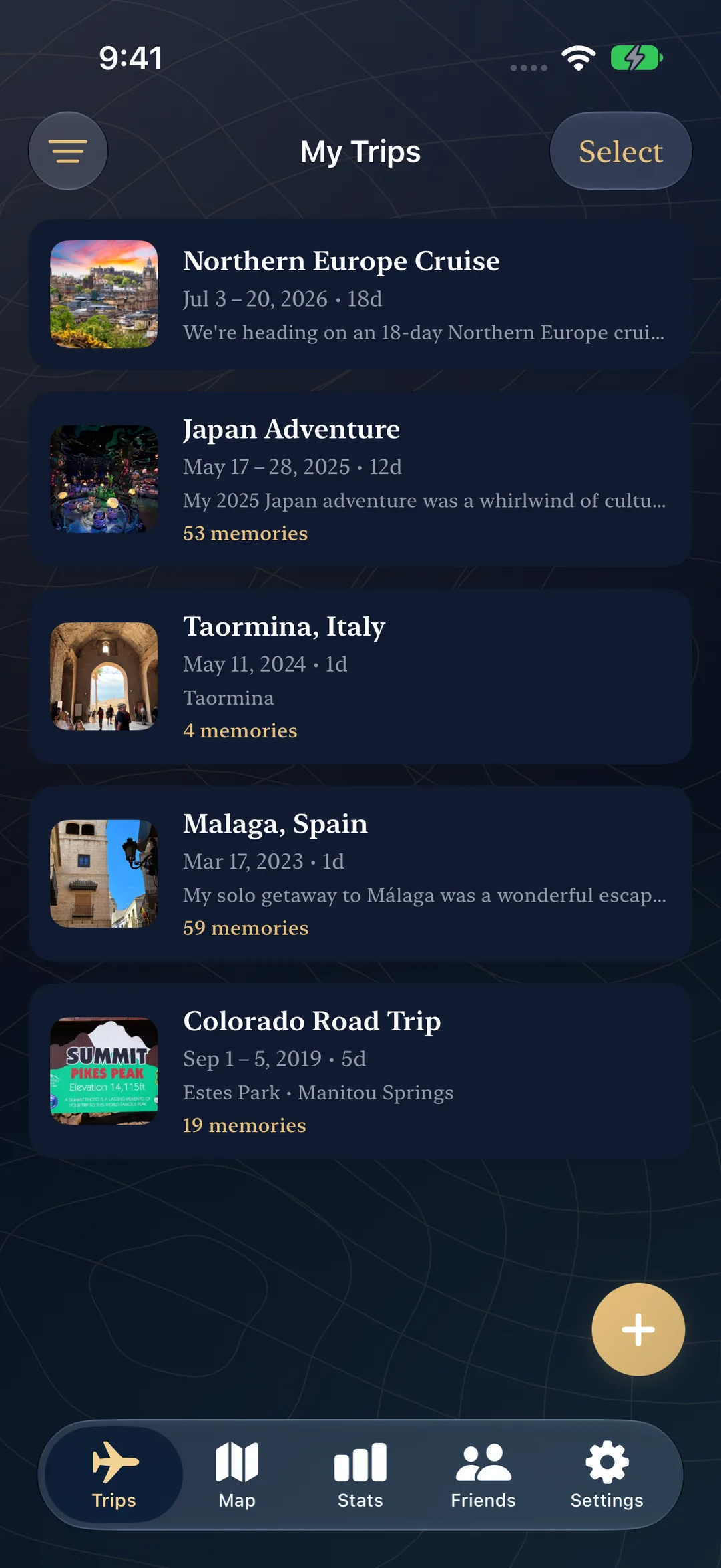 My Trips list with an upcoming Northern Europe Cruise and past trips to Japan, Italy, and Spain