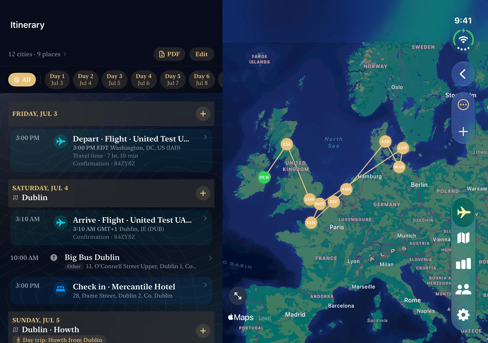 TripChronos on an open iPhone Duo: the day-by-day itinerary on the left and its map on the right