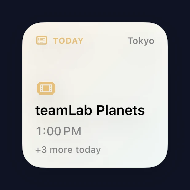 Today's Plan small widget showing the next thing on the itinerary